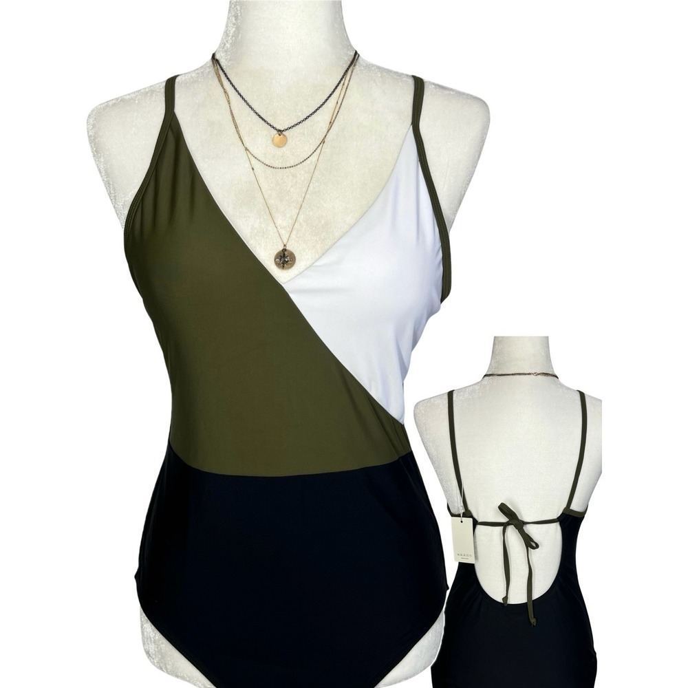One Piece Swimsuit Color Block White Black Olive Green Medium NWT Danga Bay